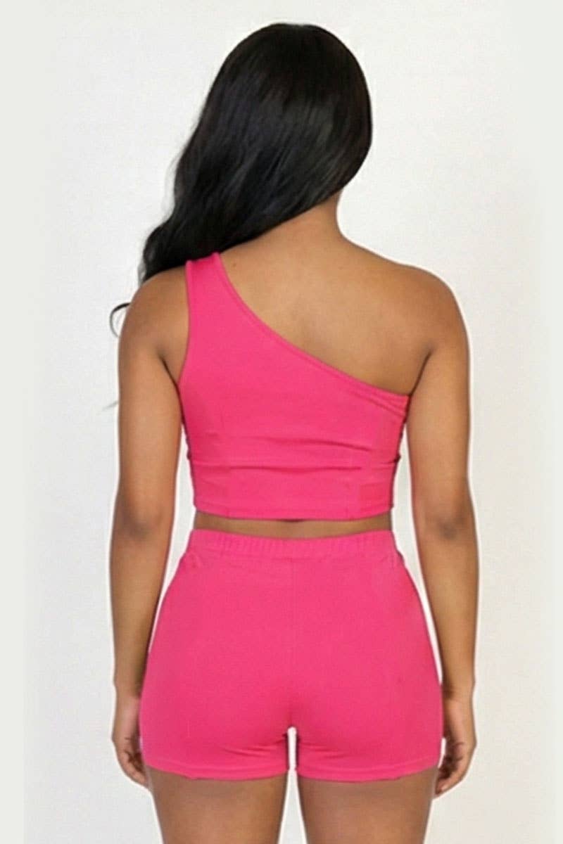 Exposed Seam One Shoulder Crop Top & Shorts Set: BLACK / M