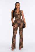 PRINT COWL NECK JUMPSUITS: BROWN MULTI / S