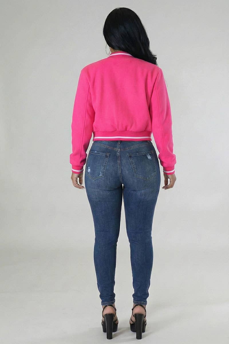 Plus Size EZwear Letter Patched Crop Varsity Jacket: Hot Pink / 2X