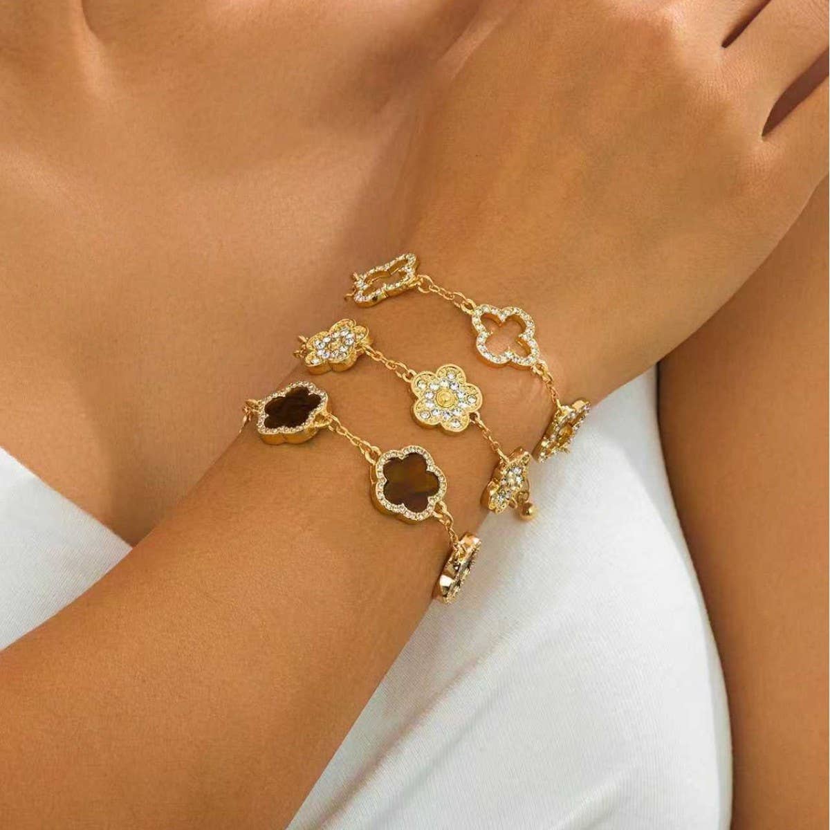 Clover Crystal Link Bracelet Set ( 3 pcs): Pink