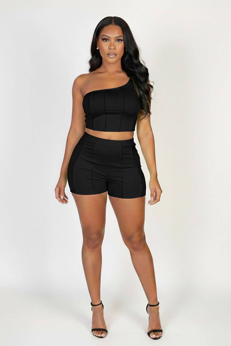 Exposed Seam One Shoulder Crop Top & Shorts Set: BLACK / M