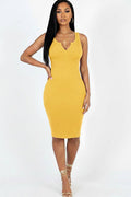 Casual Ribbed Split Neck Bodycon Dress: Gold / S