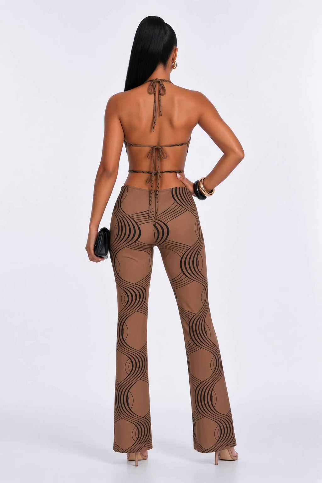 PRINT COWL NECK JUMPSUITS: BROWN MULTI / L