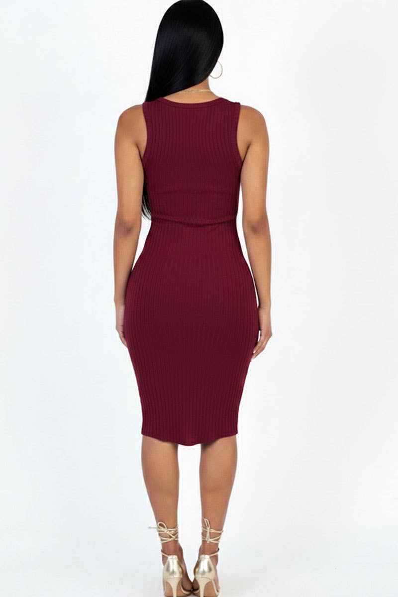 Casual Ribbed Split Neck Bodycon Dress: Green Bay / S