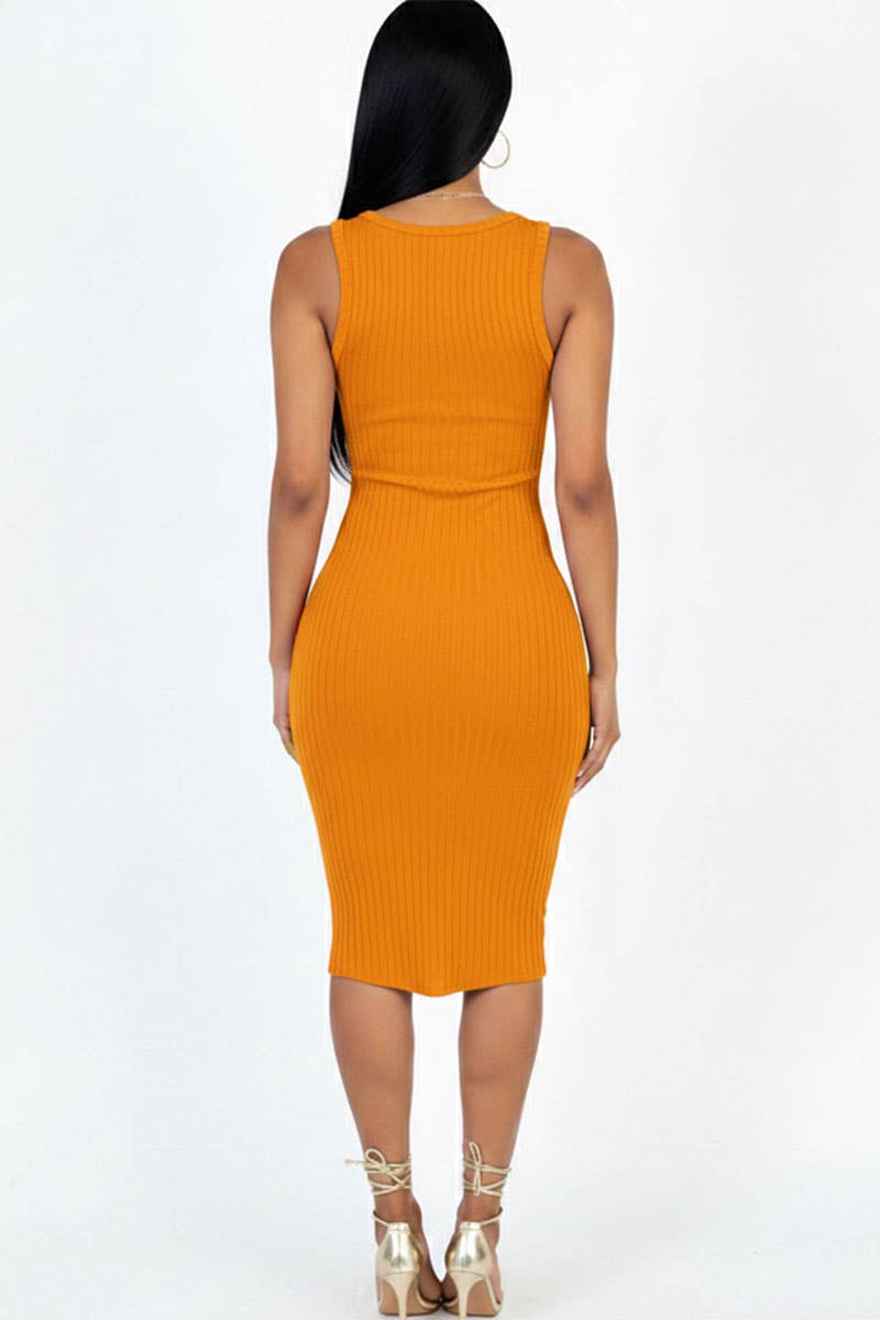 Casual Ribbed Split Neck Bodycon Dress: Burgundy / M