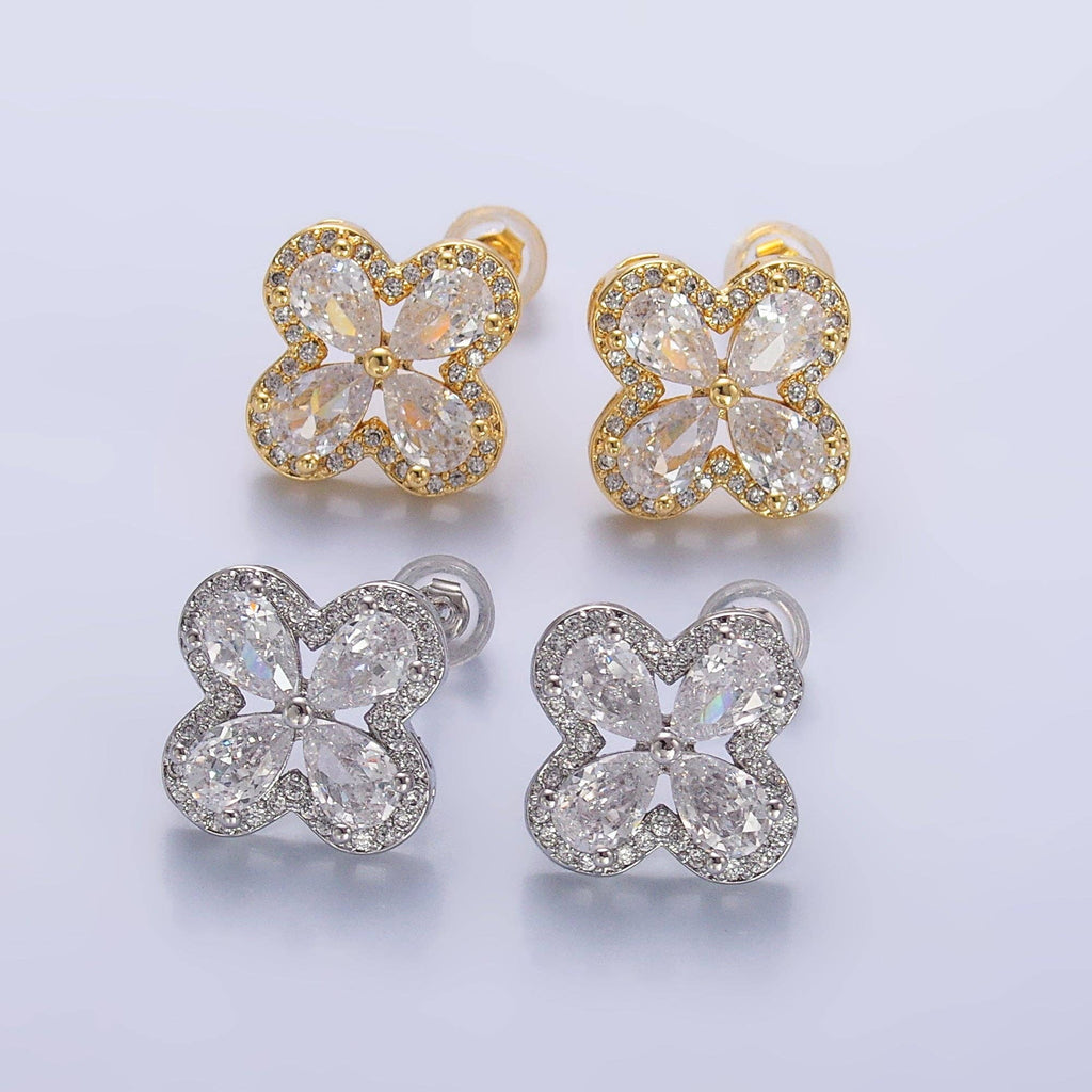 24K Gold Filled Clear CZ Micro Paved CZ Quatrefoil Stud Earrings in Gold & Silver | AB688 AB689: Silver