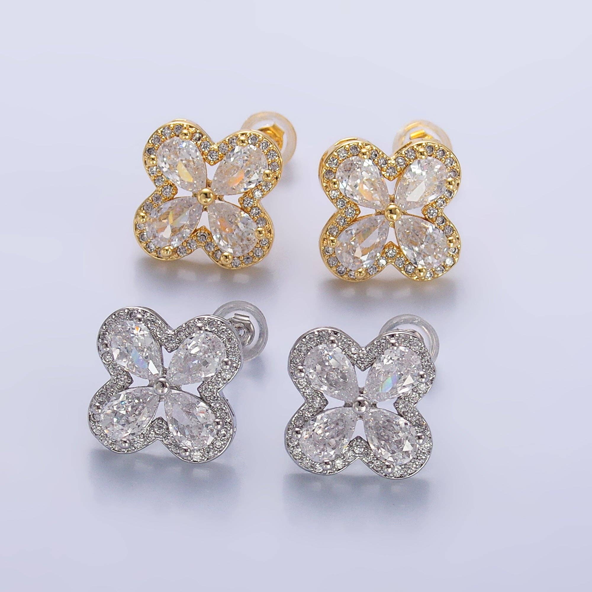 24K Gold Filled Clear CZ Micro Paved CZ Quatrefoil Stud Earrings in Gold & Silver | AB688 AB689: Gold