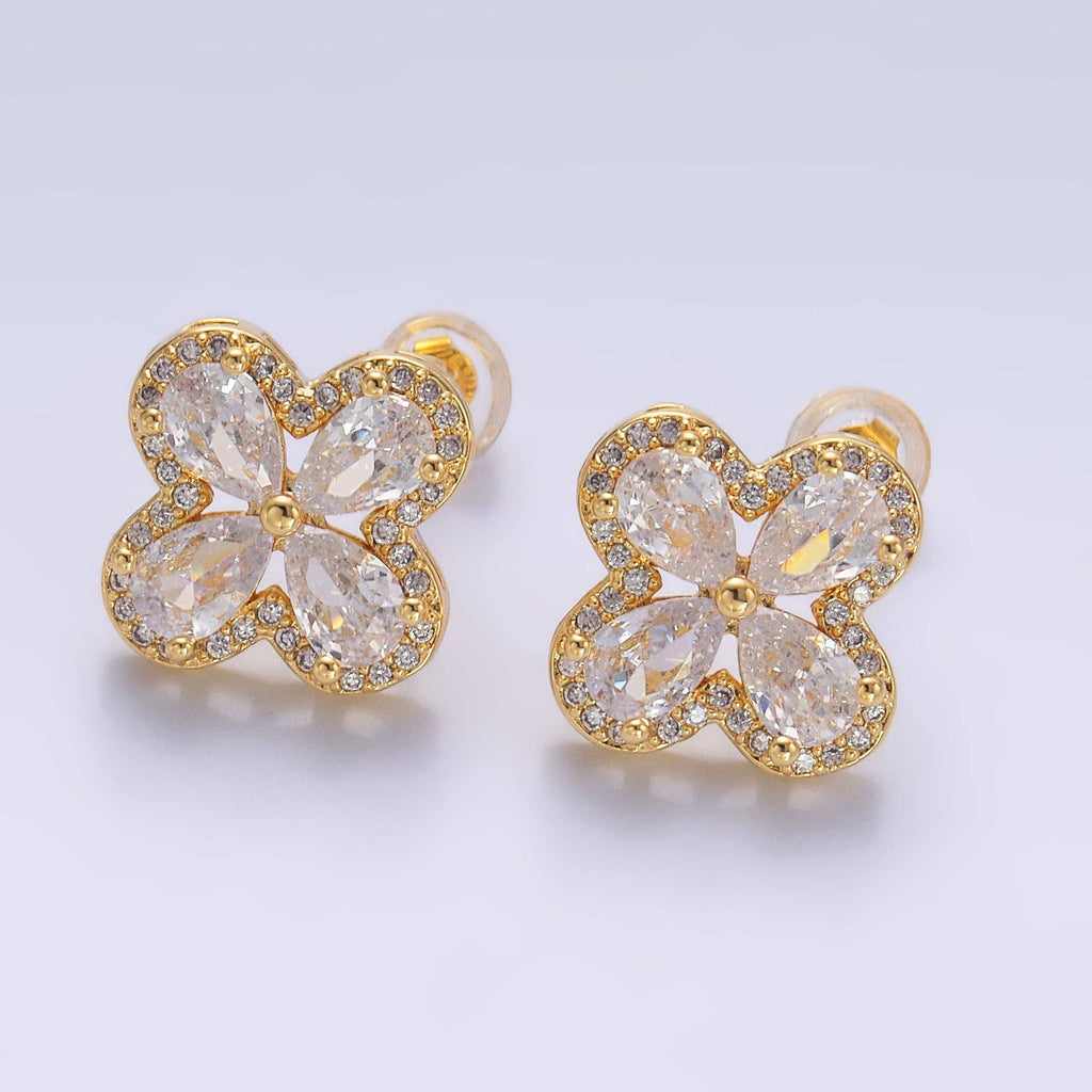 24K Gold Filled Clear CZ Micro Paved CZ Quatrefoil Stud Earrings in Gold & Silver | AB688 AB689: Silver