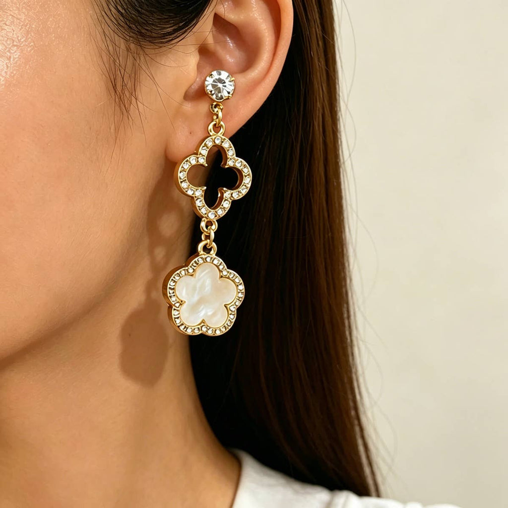Crystal Clover Statement Drop Earrings: Pink