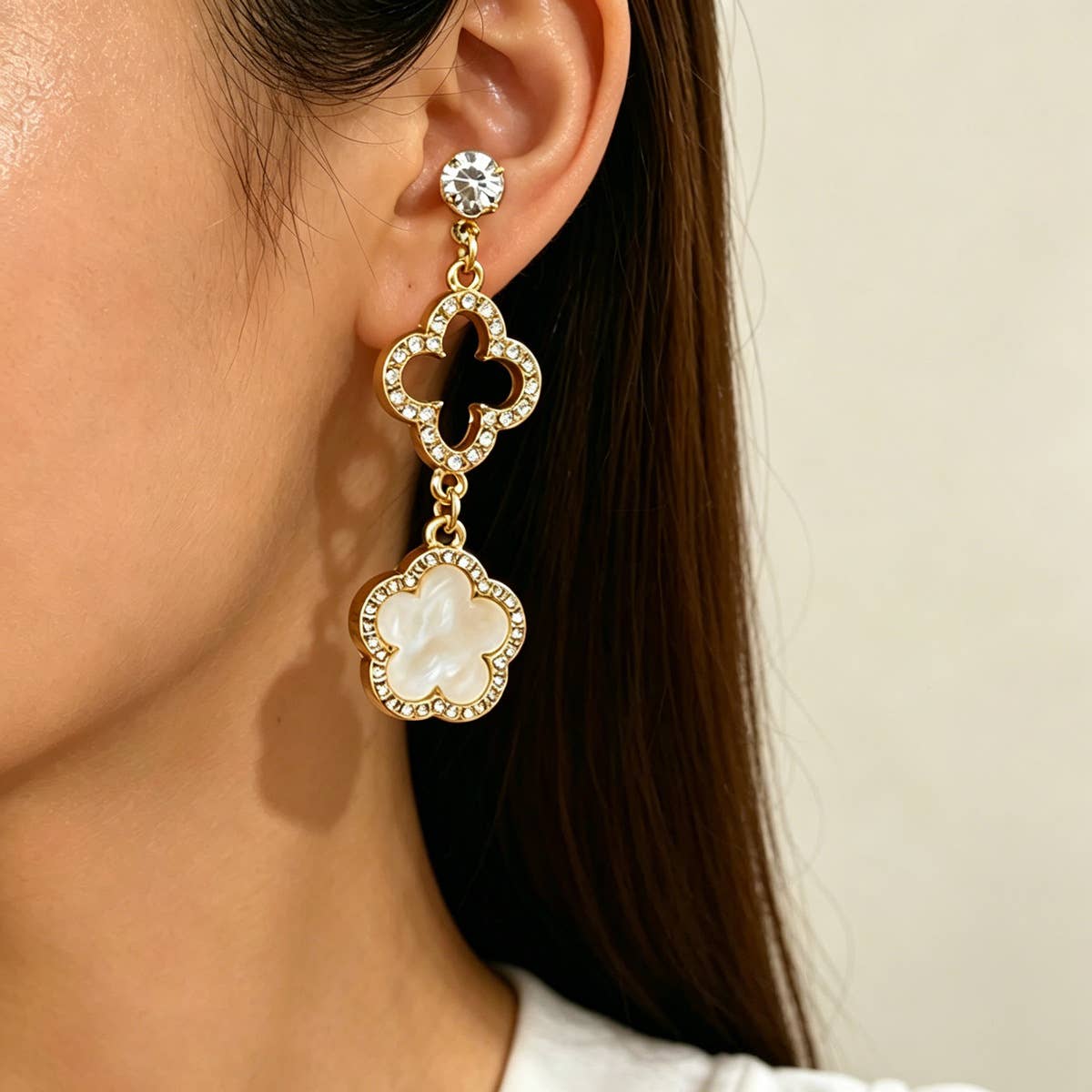 Crystal Clover Statement Drop Earrings: Pink