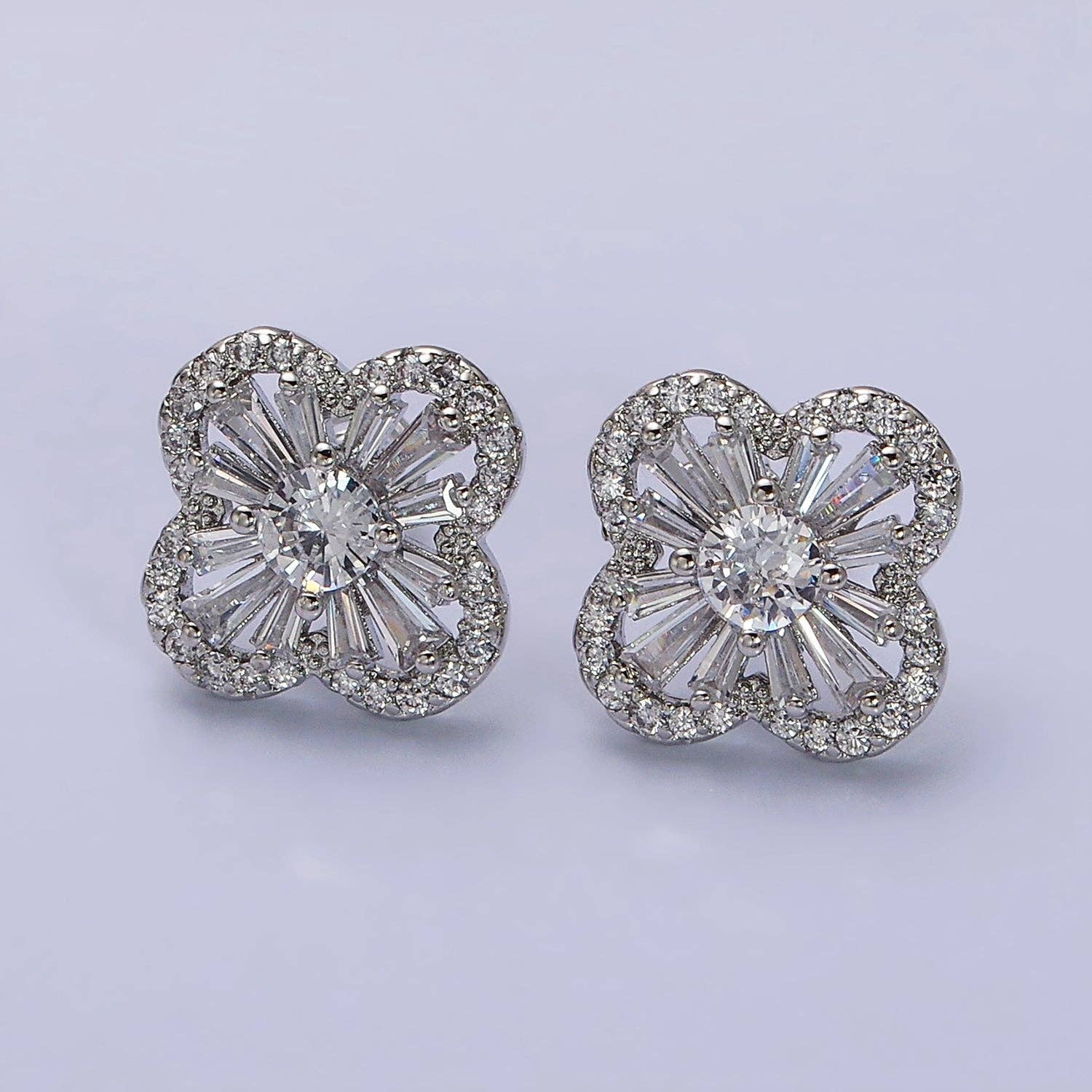 Gold Filled Clover Quatrefoil Baguette CZ Stud Earrings: Gold