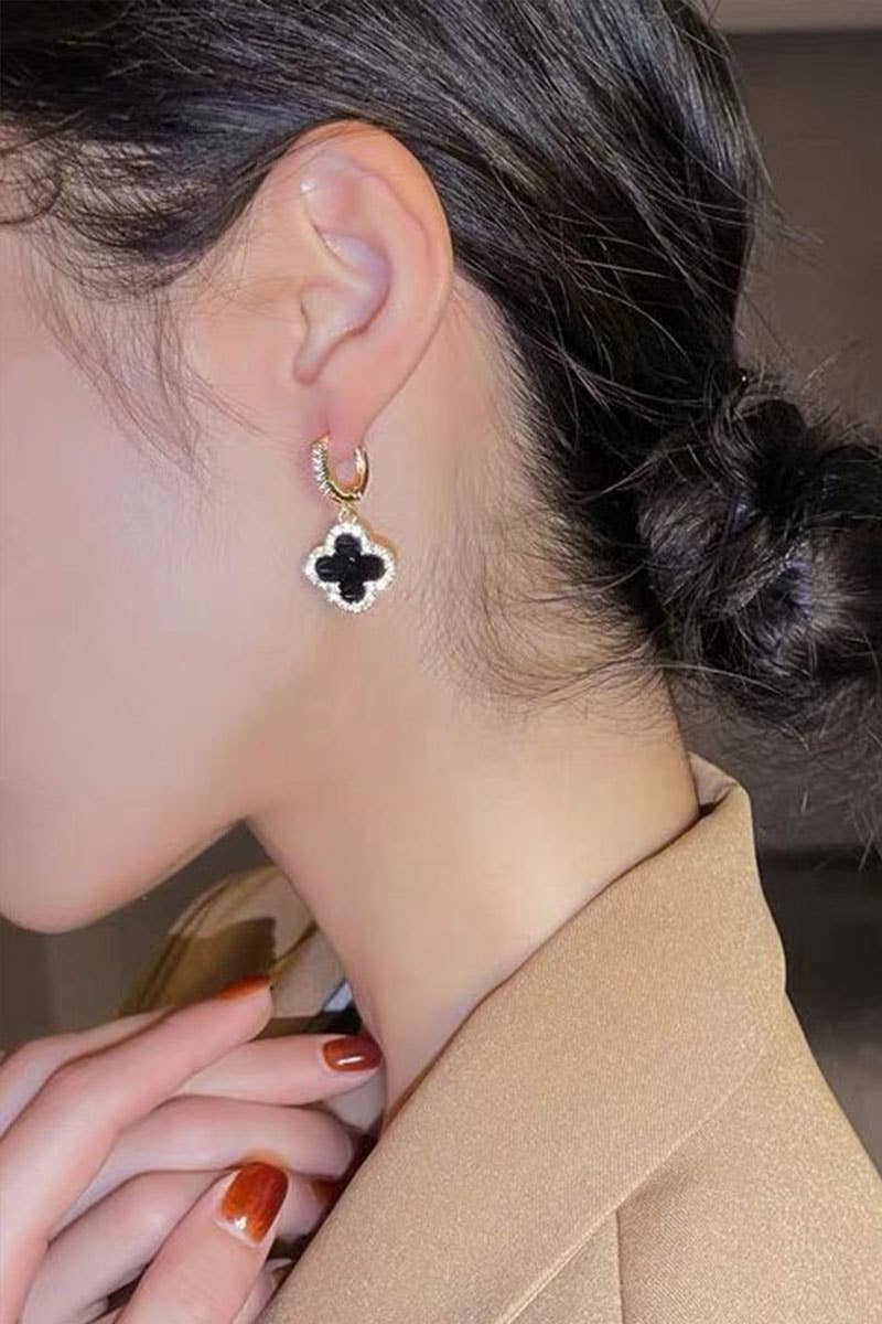 Clover Drop Hoop Earrings: Black