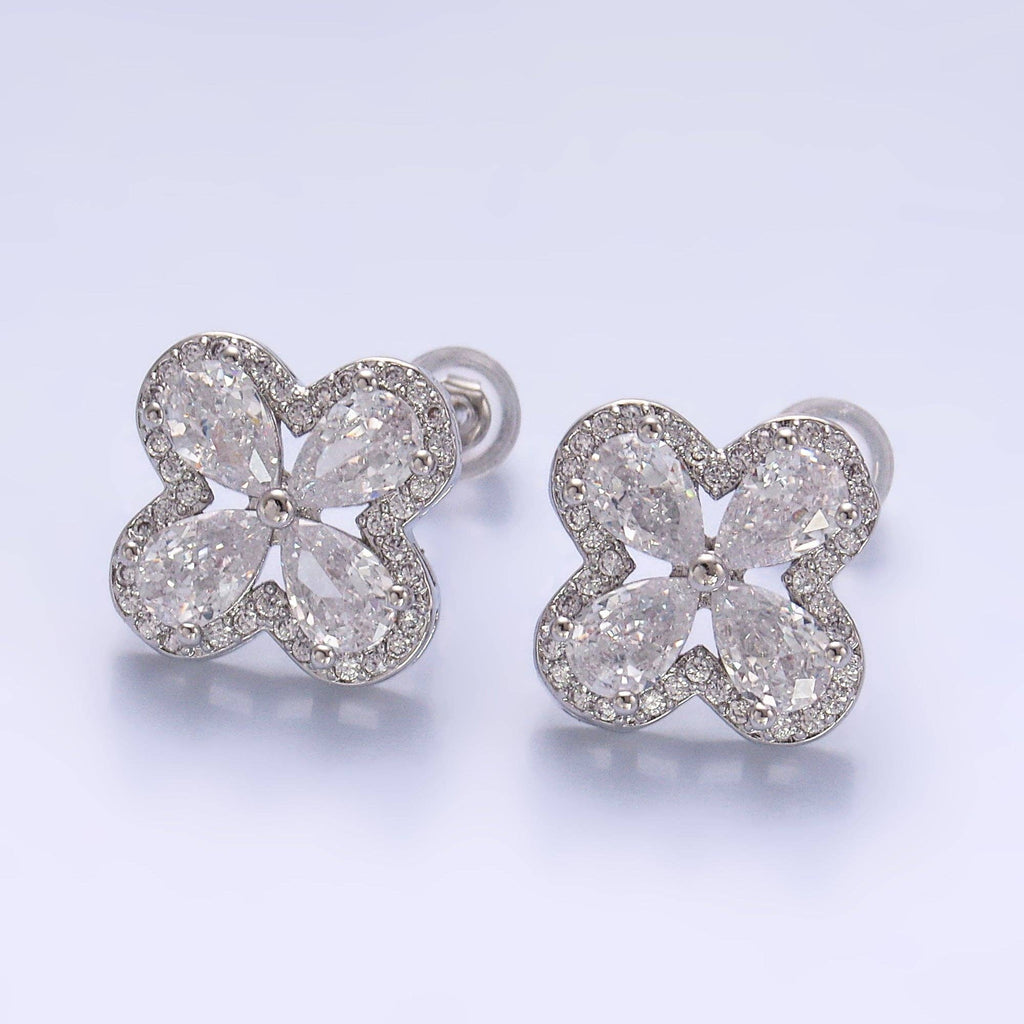 24K Gold Filled Clear CZ Micro Paved CZ Quatrefoil Stud Earrings in Gold & Silver | AB688 AB689: Silver