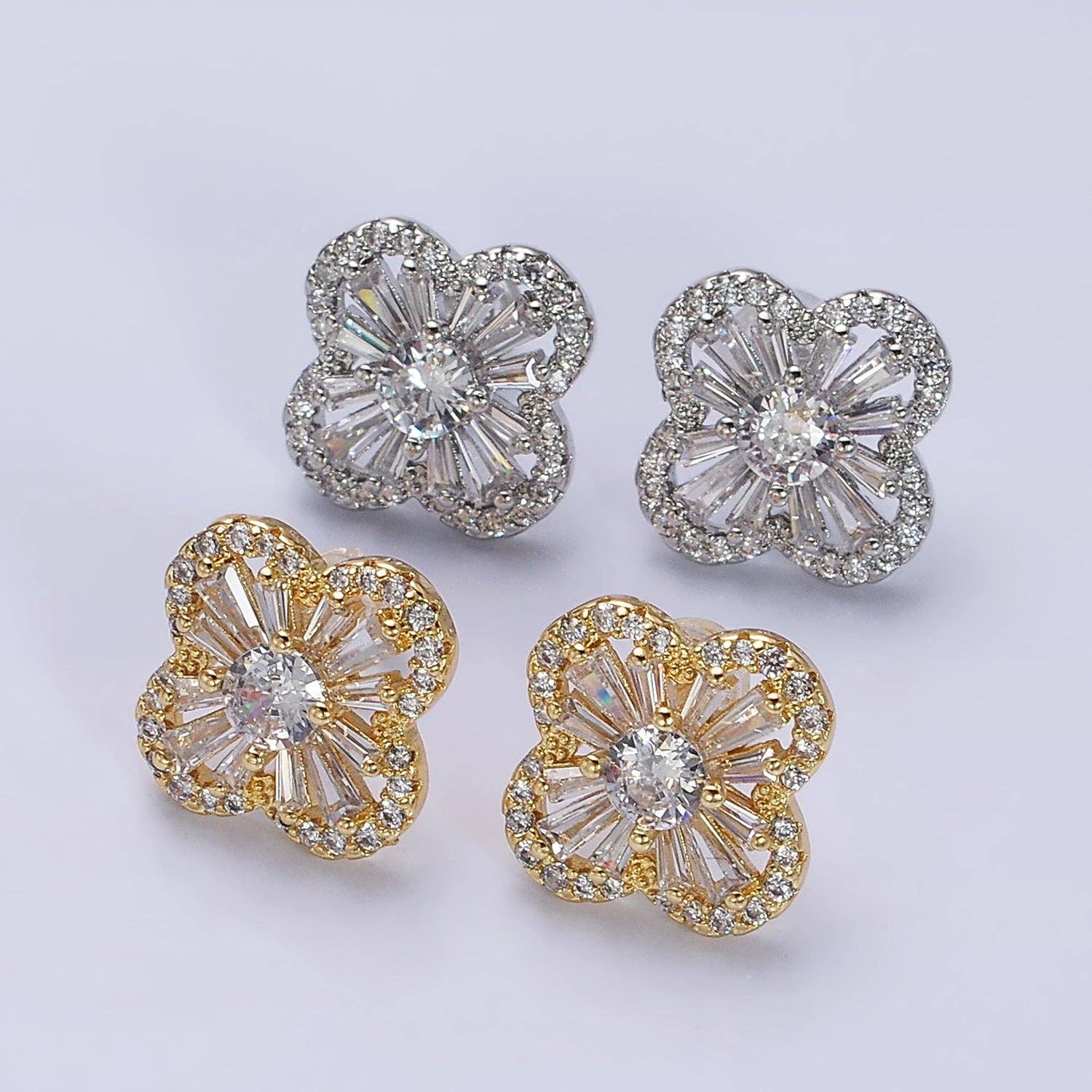 Gold Filled Clover Quatrefoil Baguette CZ Stud Earrings: Gold