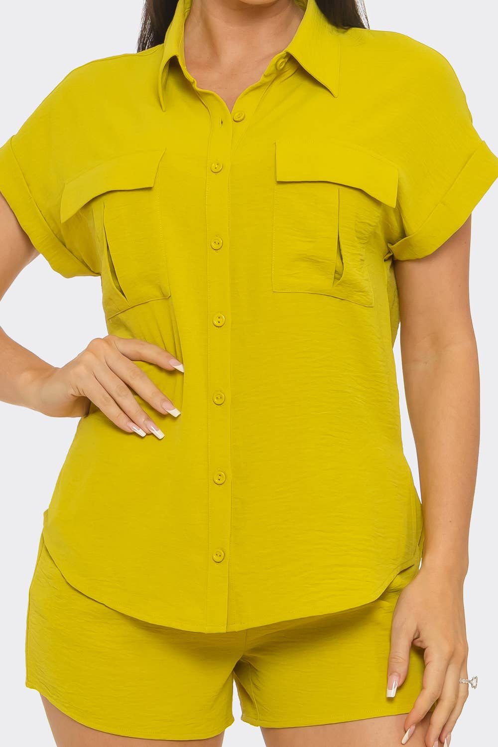 Front Functional Button Down Top And Shorts Set: Fuchsia / 2-2-2 (S-M-L)