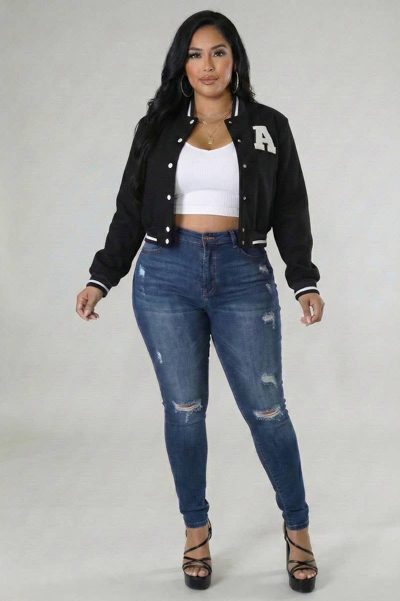 Plus Size EZwear Letter Patched Crop Varsity Jacket: Hot Pink / 3X