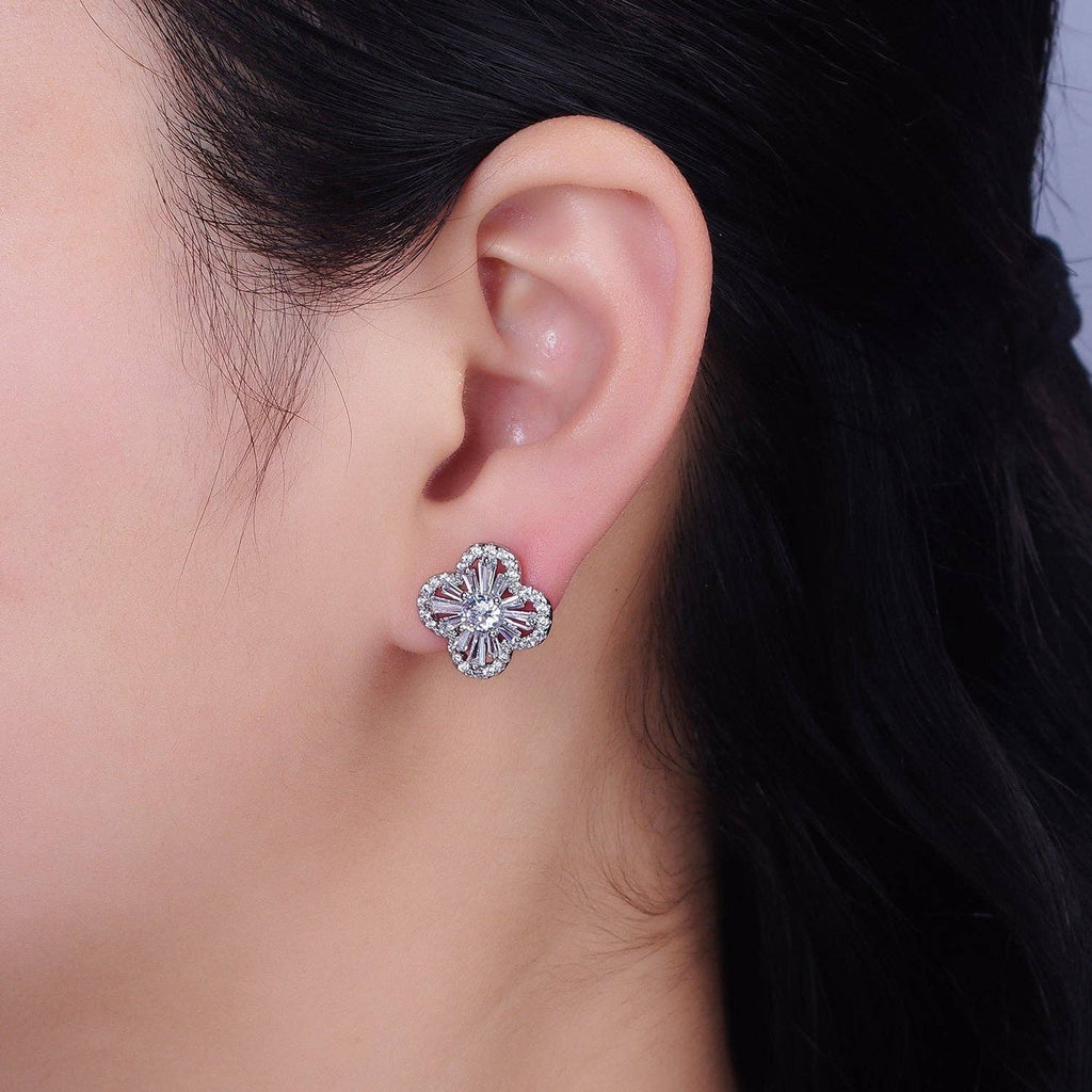 Gold Filled Clover Quatrefoil Baguette CZ Stud Earrings: Gold