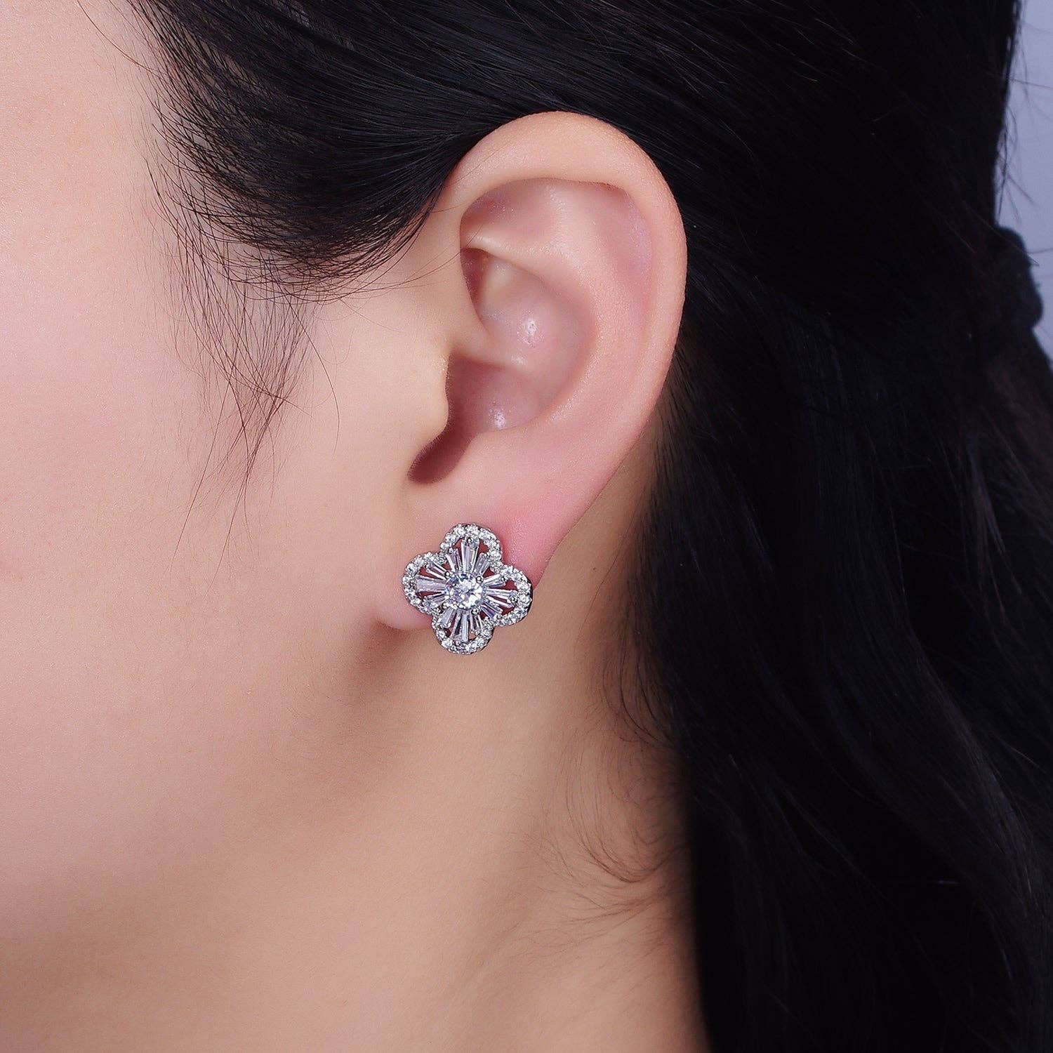 Gold Filled Clover Quatrefoil Baguette CZ Stud Earrings: Gold