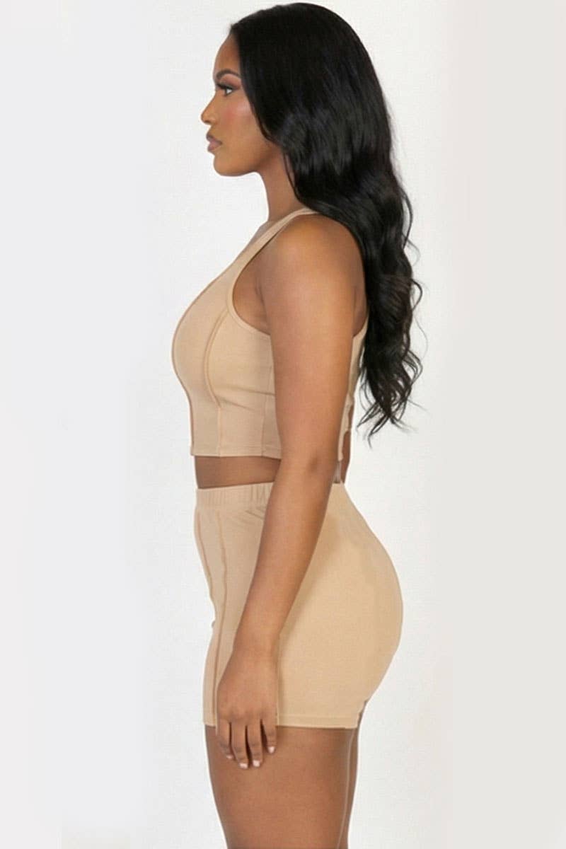 Exposed Seam One Shoulder Crop Top & Shorts Set: BLACK / M