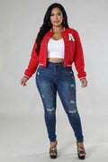 Plus Size EZwear Letter Patched Crop Varsity Jacket: Red / 1X