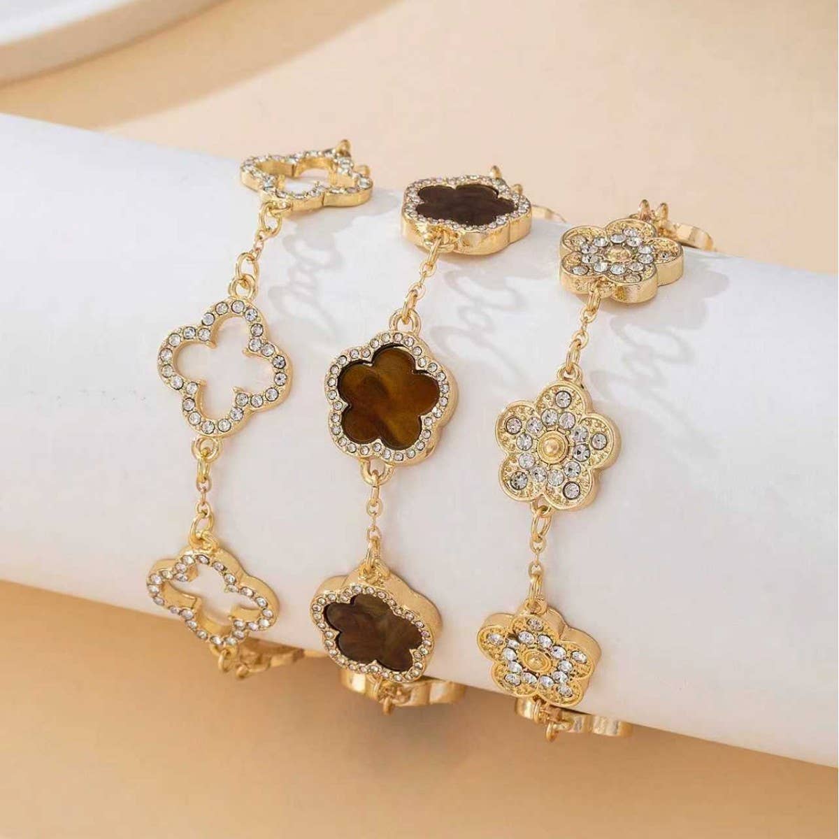 Clover Crystal Link Bracelet Set ( 3 pcs): Pink