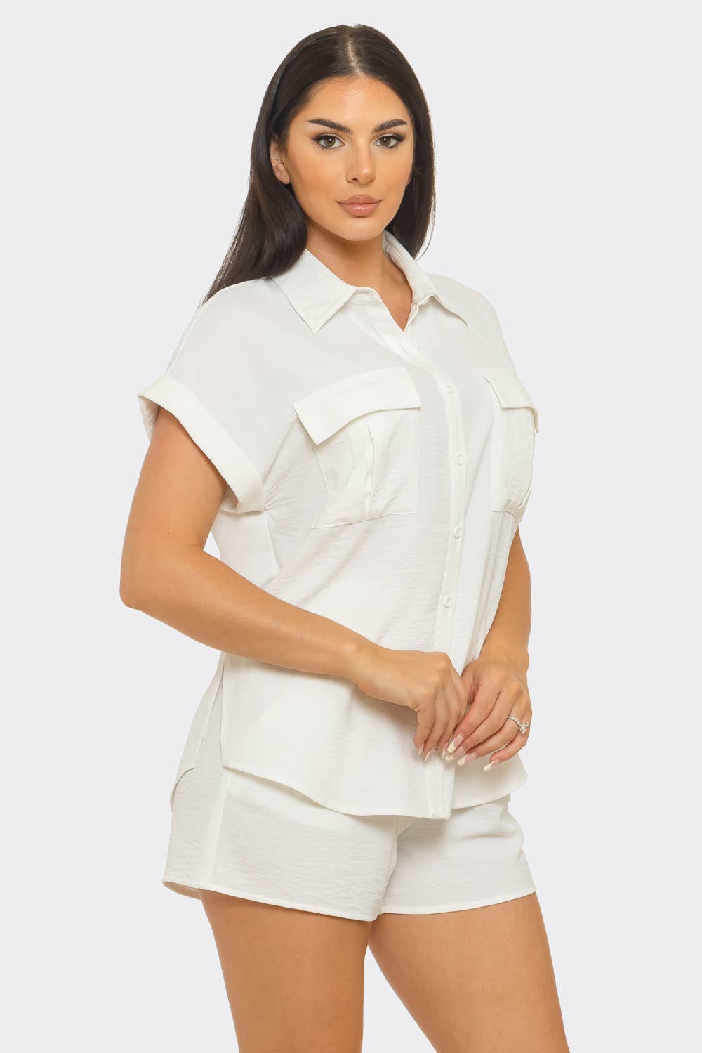 Front Functional Button Down Top And Shorts Set: Fuchsia / 2-2-2 (S-M-L)