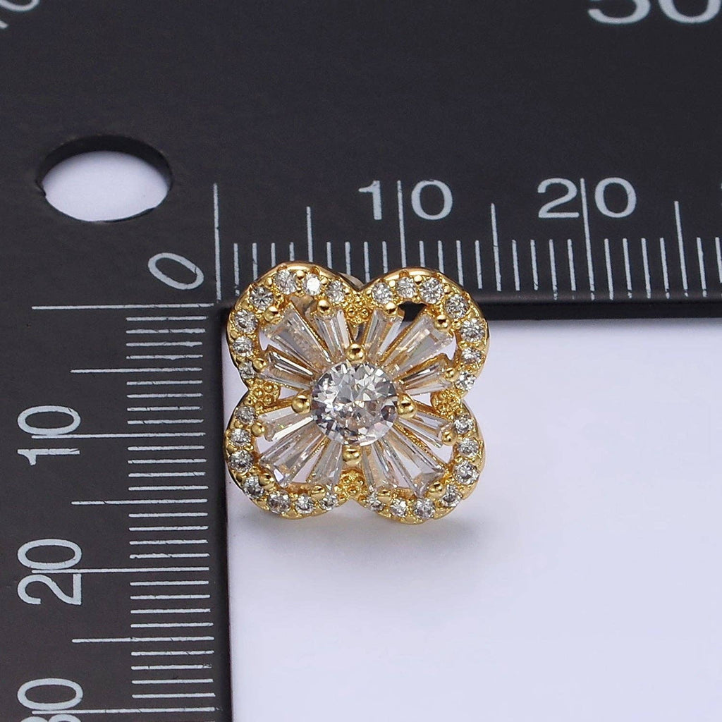 Gold Filled Clover Quatrefoil Baguette CZ Stud Earrings: Gold
