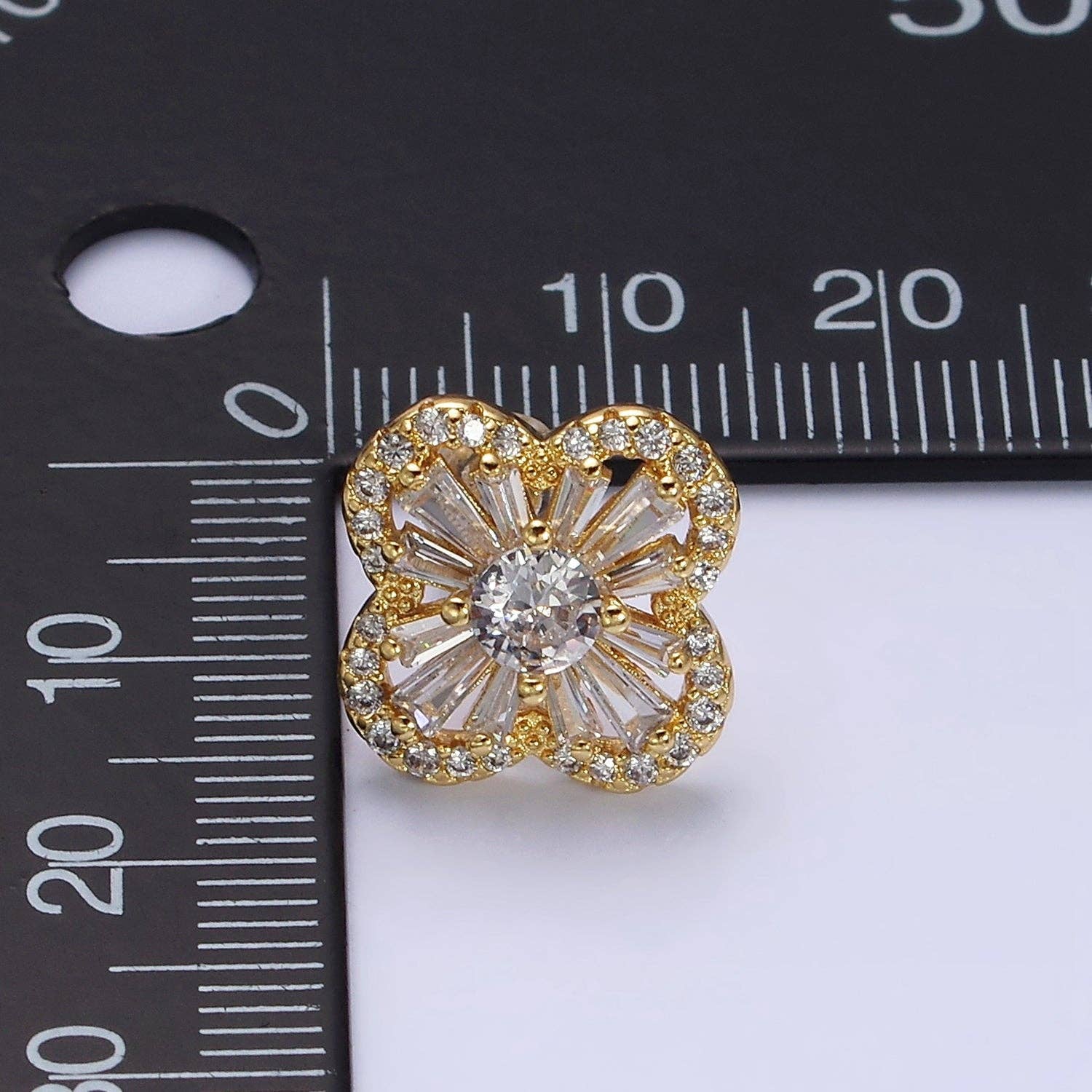 Gold Filled Clover Quatrefoil Baguette CZ Stud Earrings: Gold