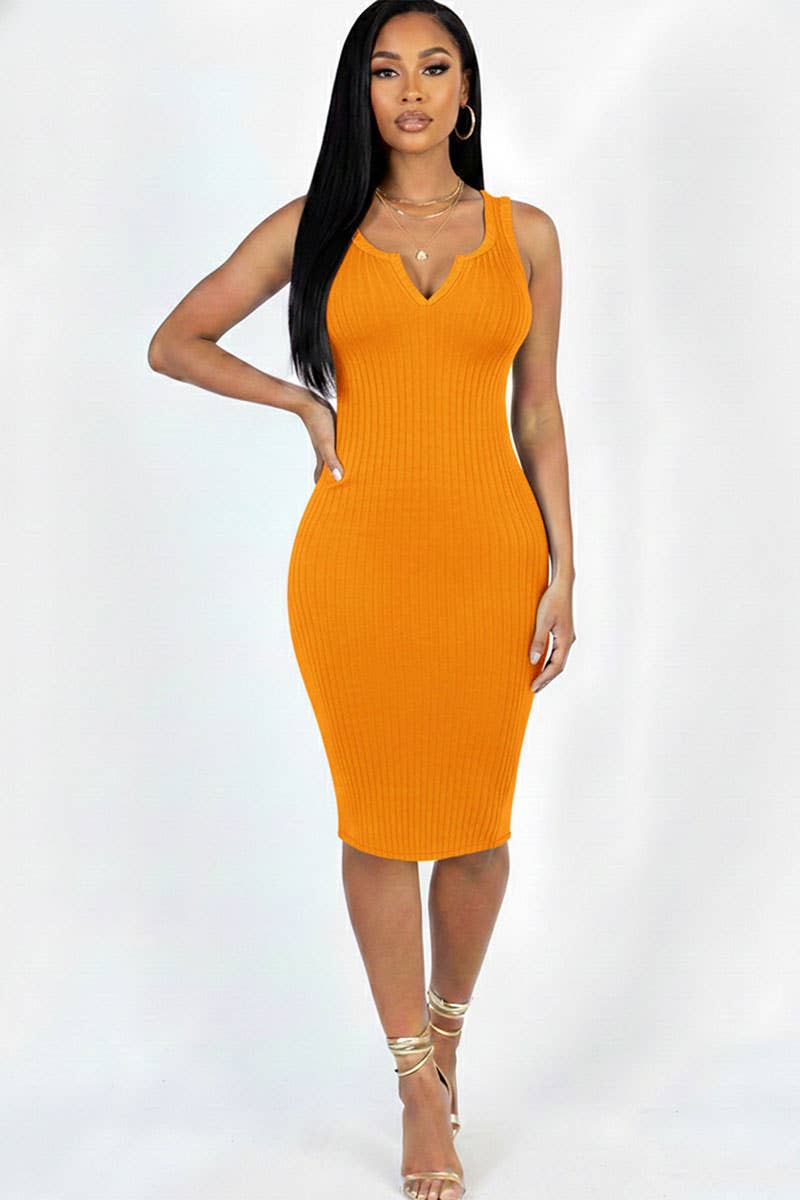 Casual Ribbed Split Neck Bodycon Dress: Burgundy / M
