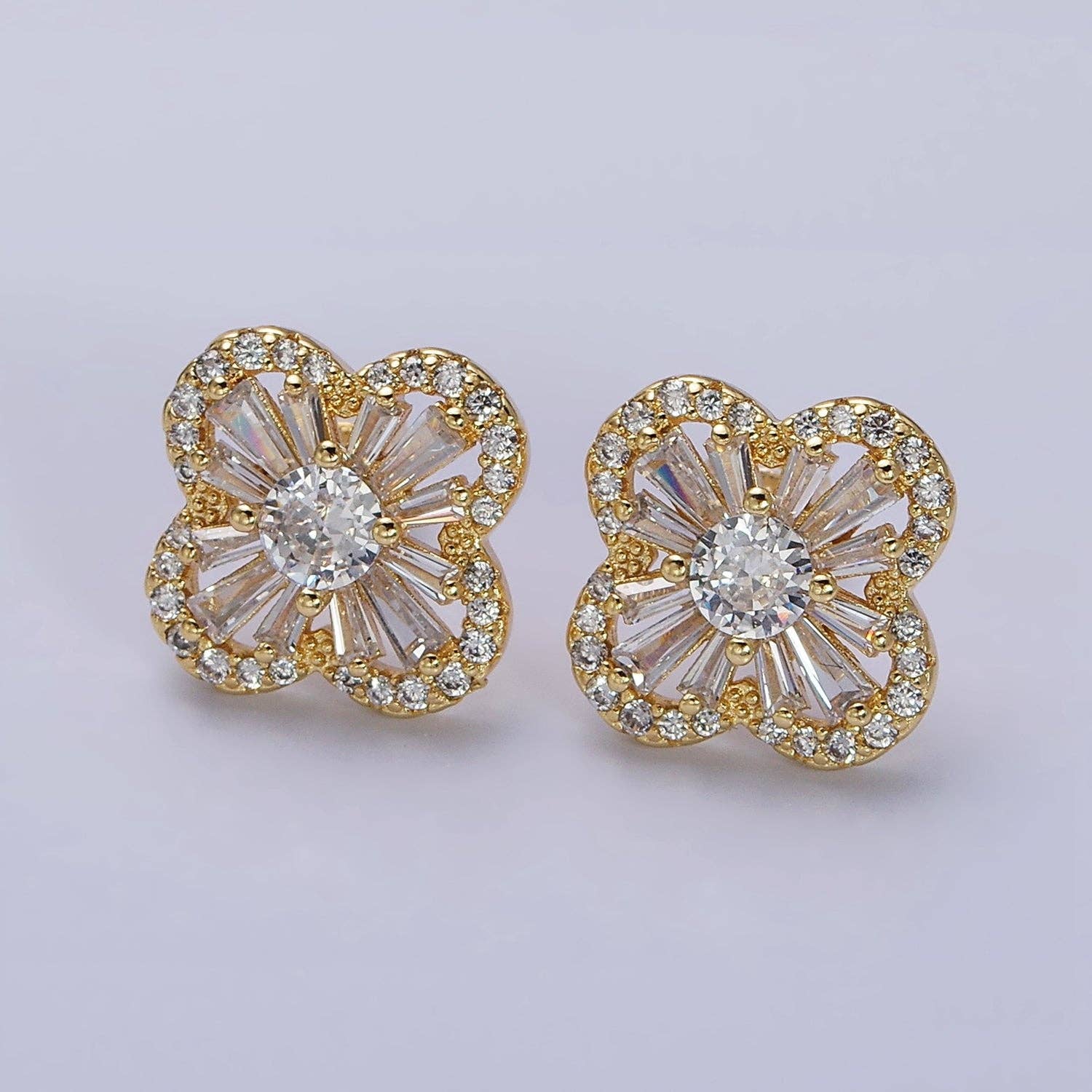 Gold Filled Clover Quatrefoil Baguette CZ Stud Earrings: Silver