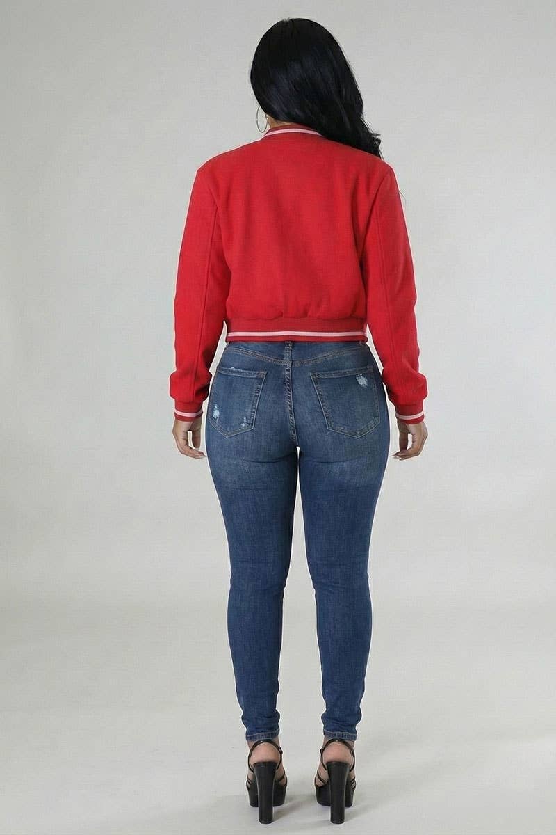 Plus Size EZwear Letter Patched Crop Varsity Jacket: Red / 2X