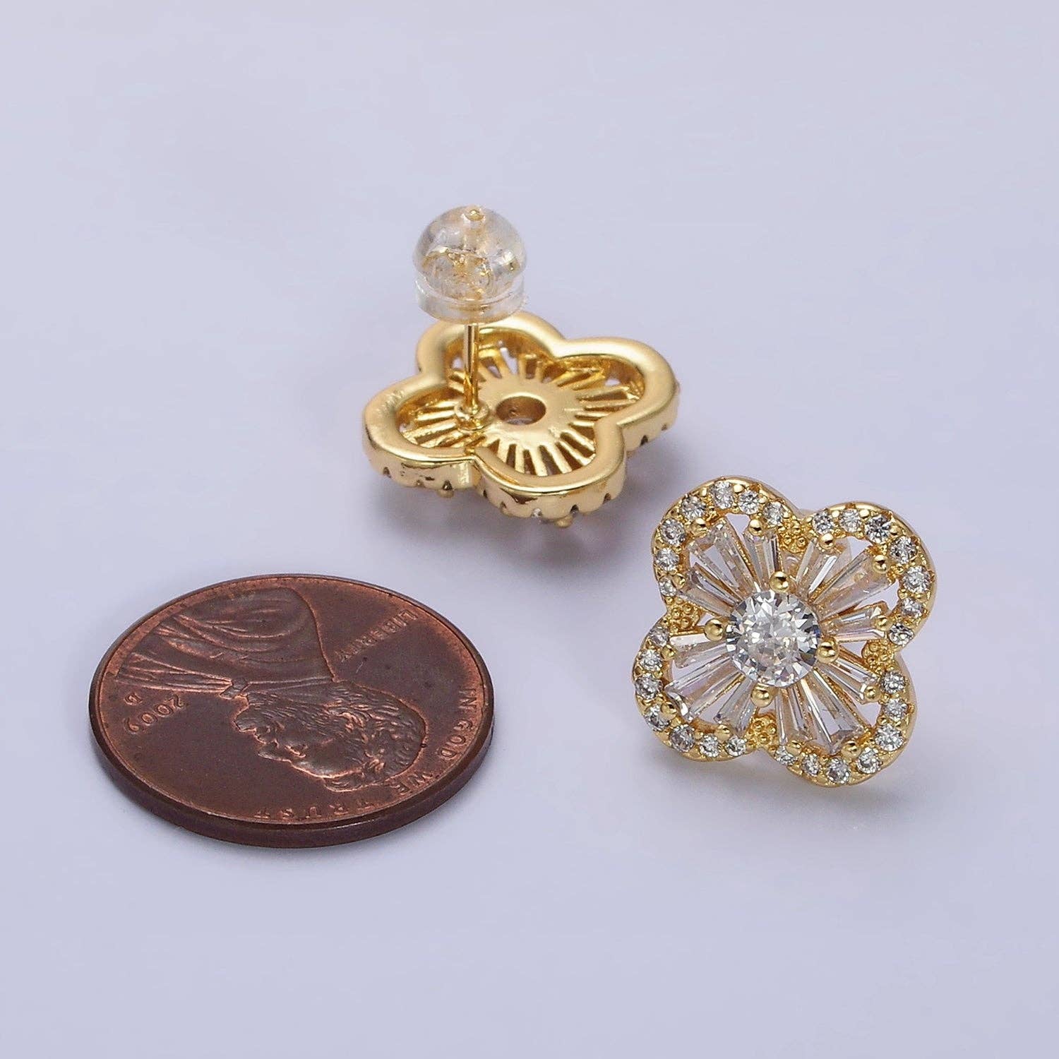 Gold Filled Clover Quatrefoil Baguette CZ Stud Earrings: Gold