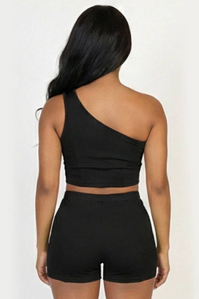 Exposed Seam One Shoulder Crop Top & Shorts Set: FUCHSIA / L