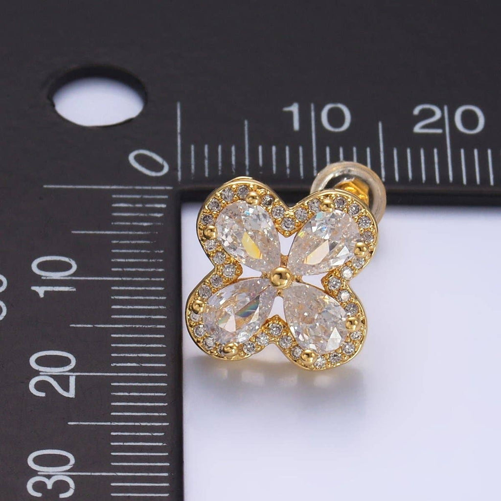 24K Gold Filled Clear CZ Micro Paved CZ Quatrefoil Stud Earrings in Gold & Silver | AB688 AB689: Silver
