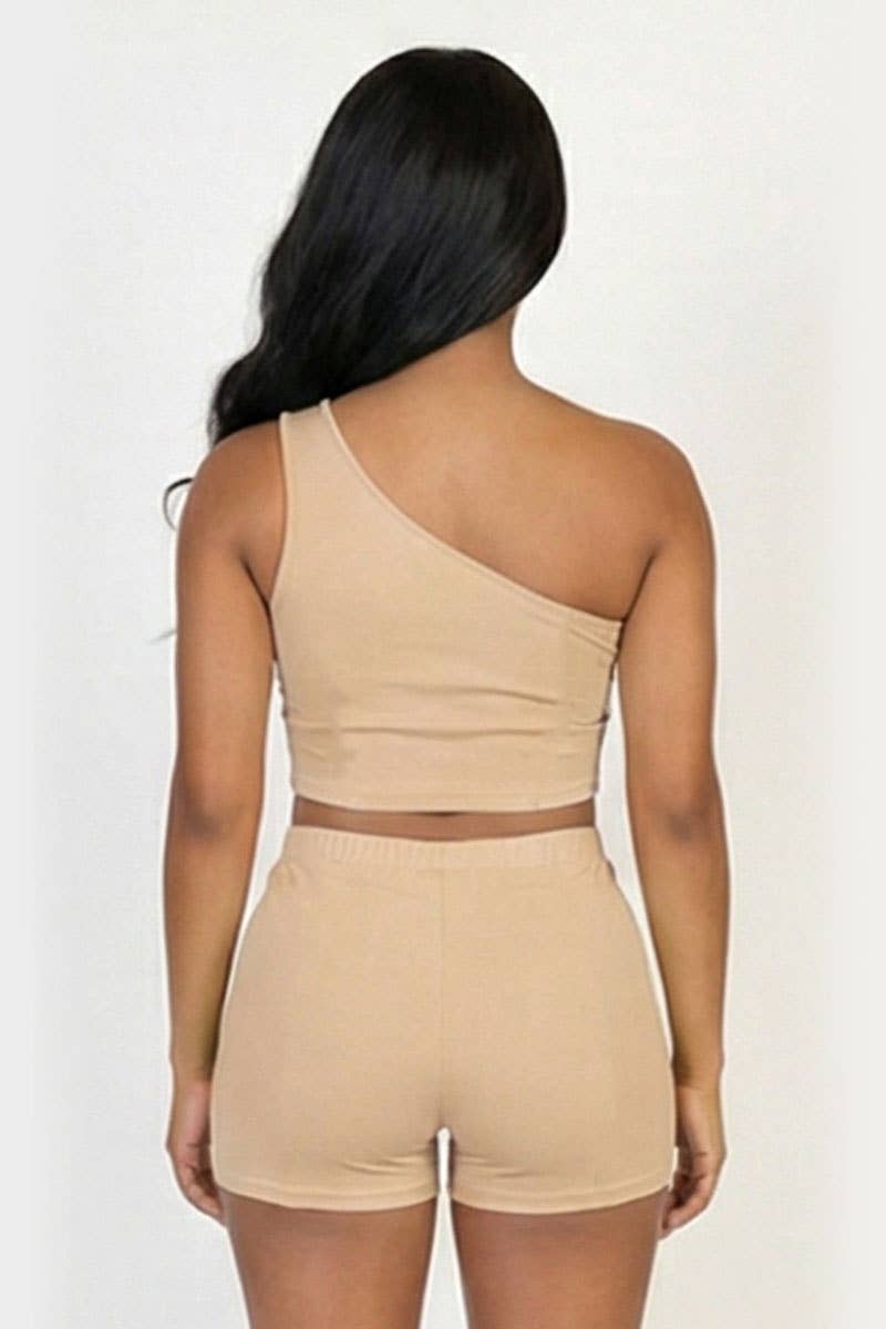 Exposed Seam One Shoulder Crop Top & Shorts Set: BLACK / M