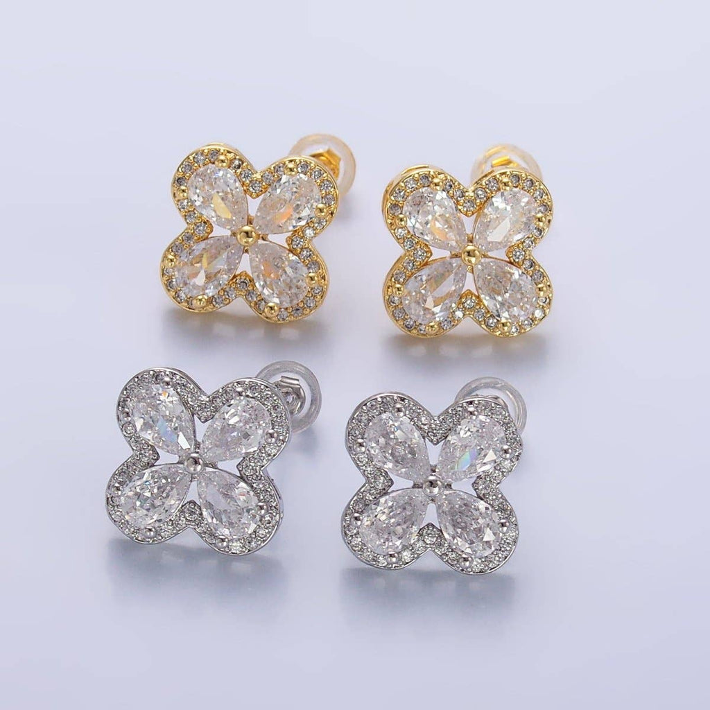 24K Gold Filled Clear CZ Micro Paved CZ Quatrefoil Stud Earrings in Gold & Silver | AB688 AB689: Silver