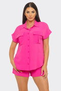 Front Functional Button Down Top And Shorts Set: Fuchsia / 2-2-2 (S-M-L)