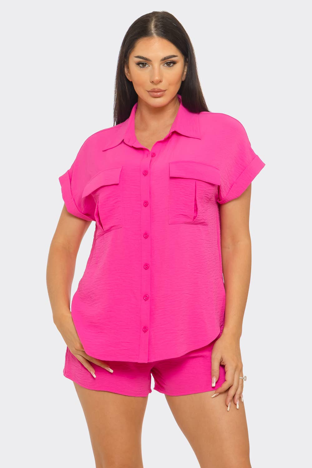 Front Functional Button Down Top And Shorts Set: Fuchsia / 2-2-2 (S-M-L)