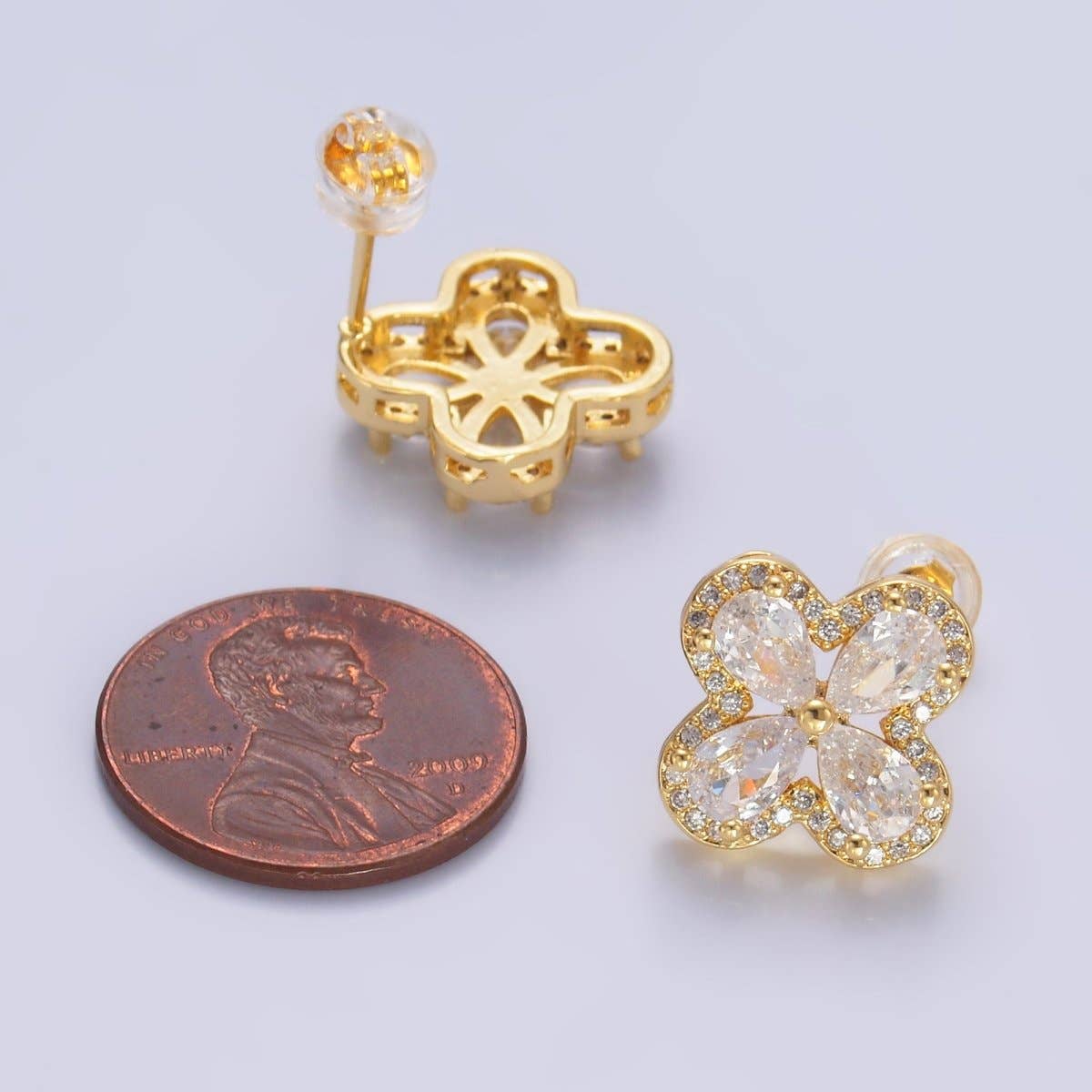 24K Gold Filled Clear CZ Micro Paved CZ Quatrefoil Stud Earrings in Gold & Silver | AB688 AB689: Silver
