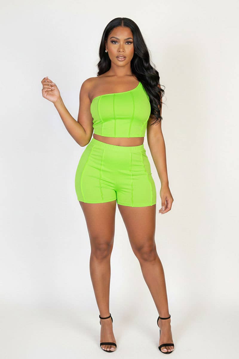 Exposed Seam One Shoulder Crop Top & Shorts Set: FUCHSIA / L