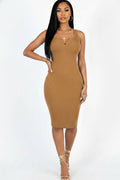Casual Ribbed Split Neck Bodycon Dress: Mocha / L