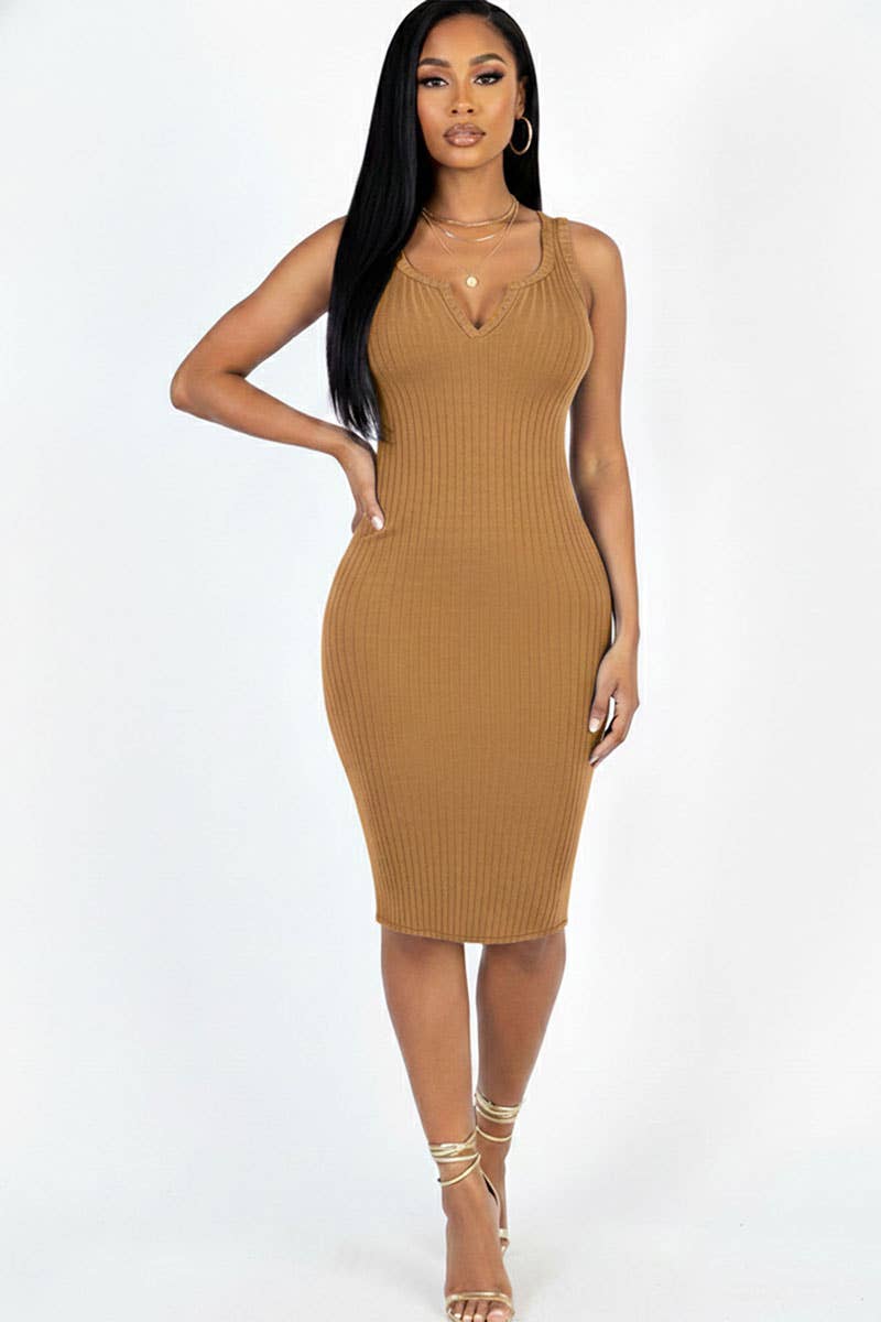 Casual Ribbed Split Neck Bodycon Dress: Burgundy / S