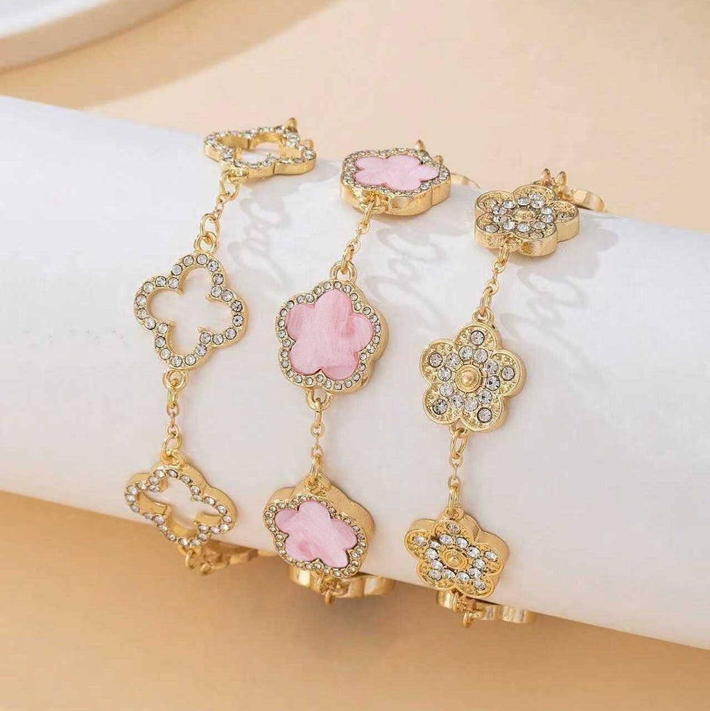 Clover Crystal Link Bracelet Set ( 3 pcs): Pink