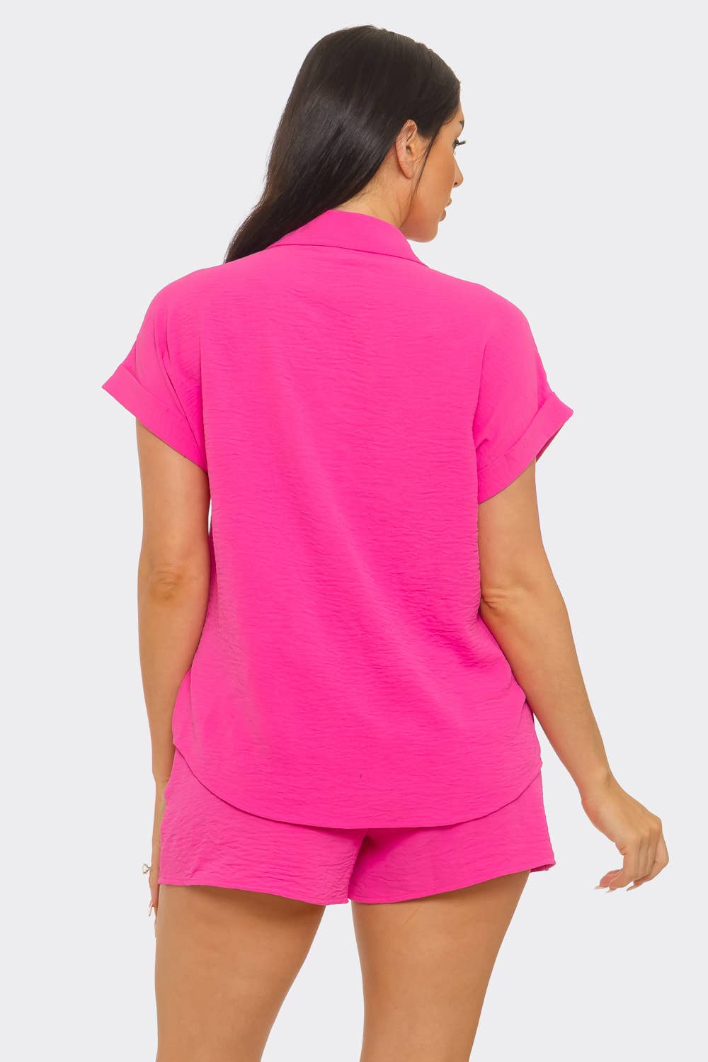 Front Functional Button Down Top And Shorts Set: Fuchsia / 2-2-2 (S-M-L)