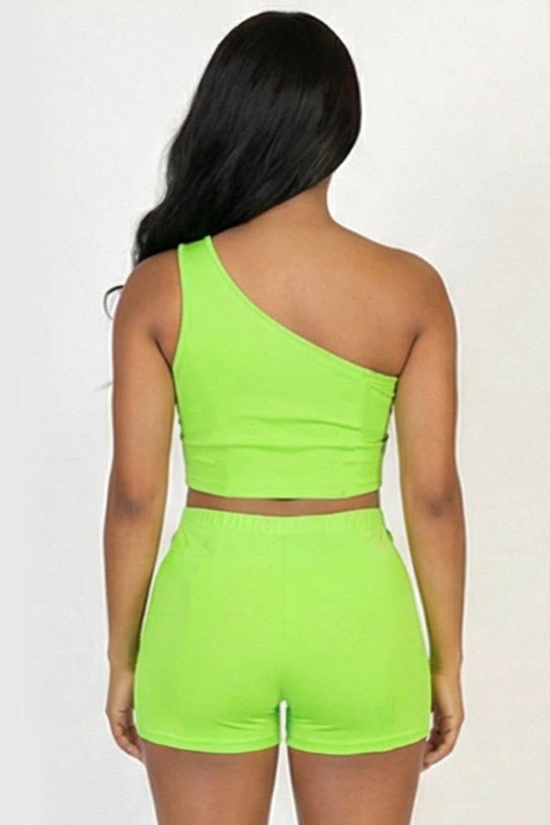 Exposed Seam One Shoulder Crop Top & Shorts Set: BLACK / M