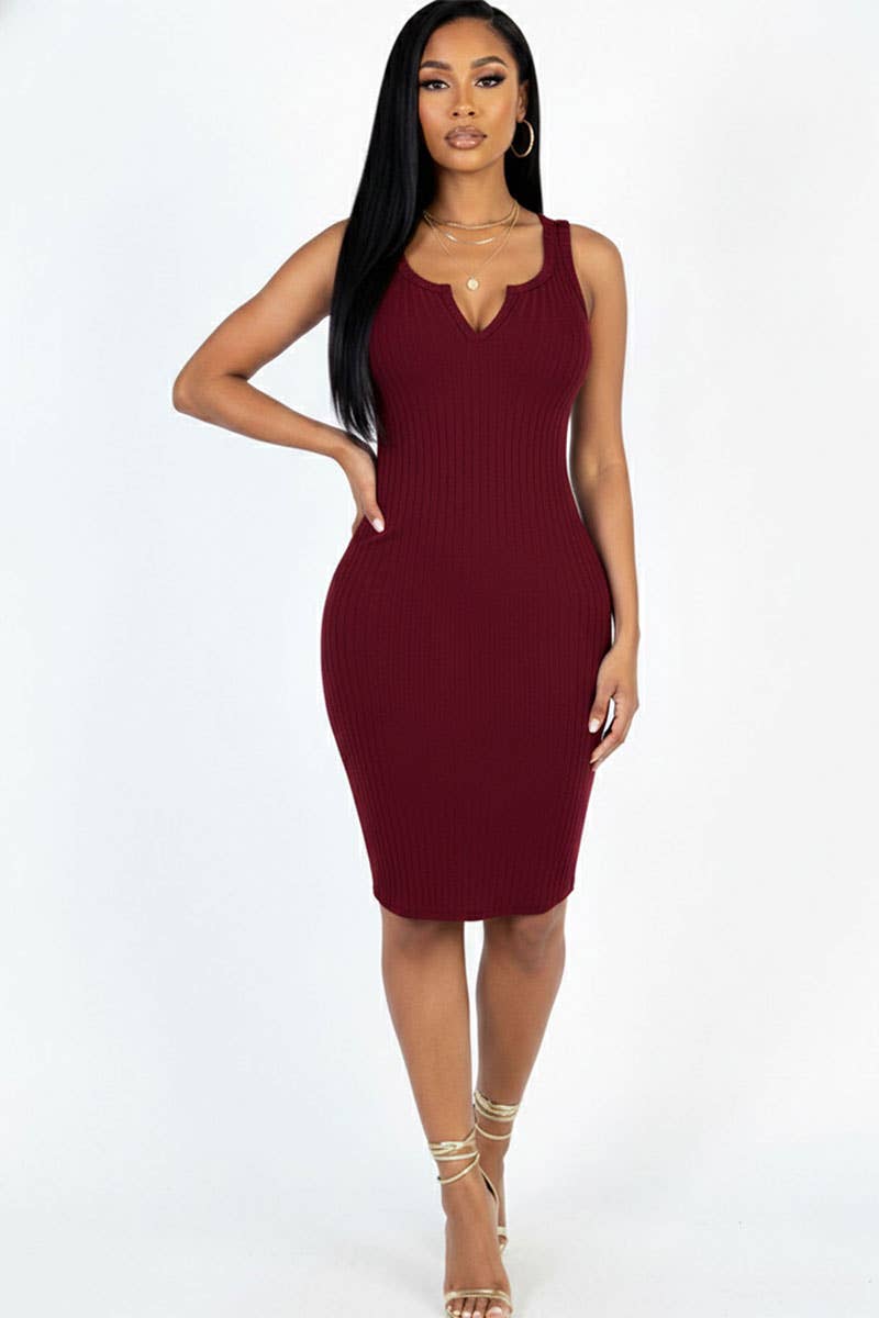 Casual Ribbed Split Neck Bodycon Dress: Burgundy / M