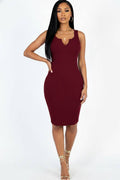 Casual Ribbed Split Neck Bodycon Dress: Burgundy / L
