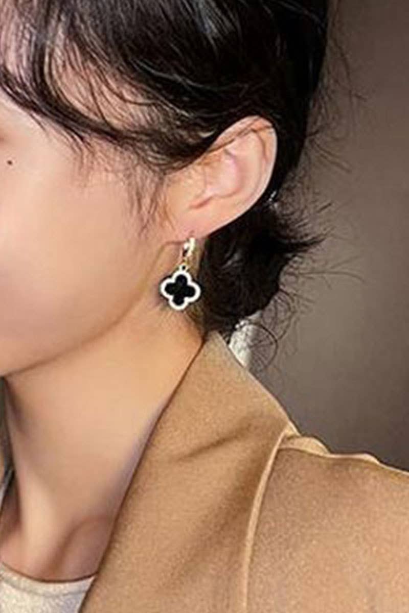 Clover Drop Hoop Earrings: Black
