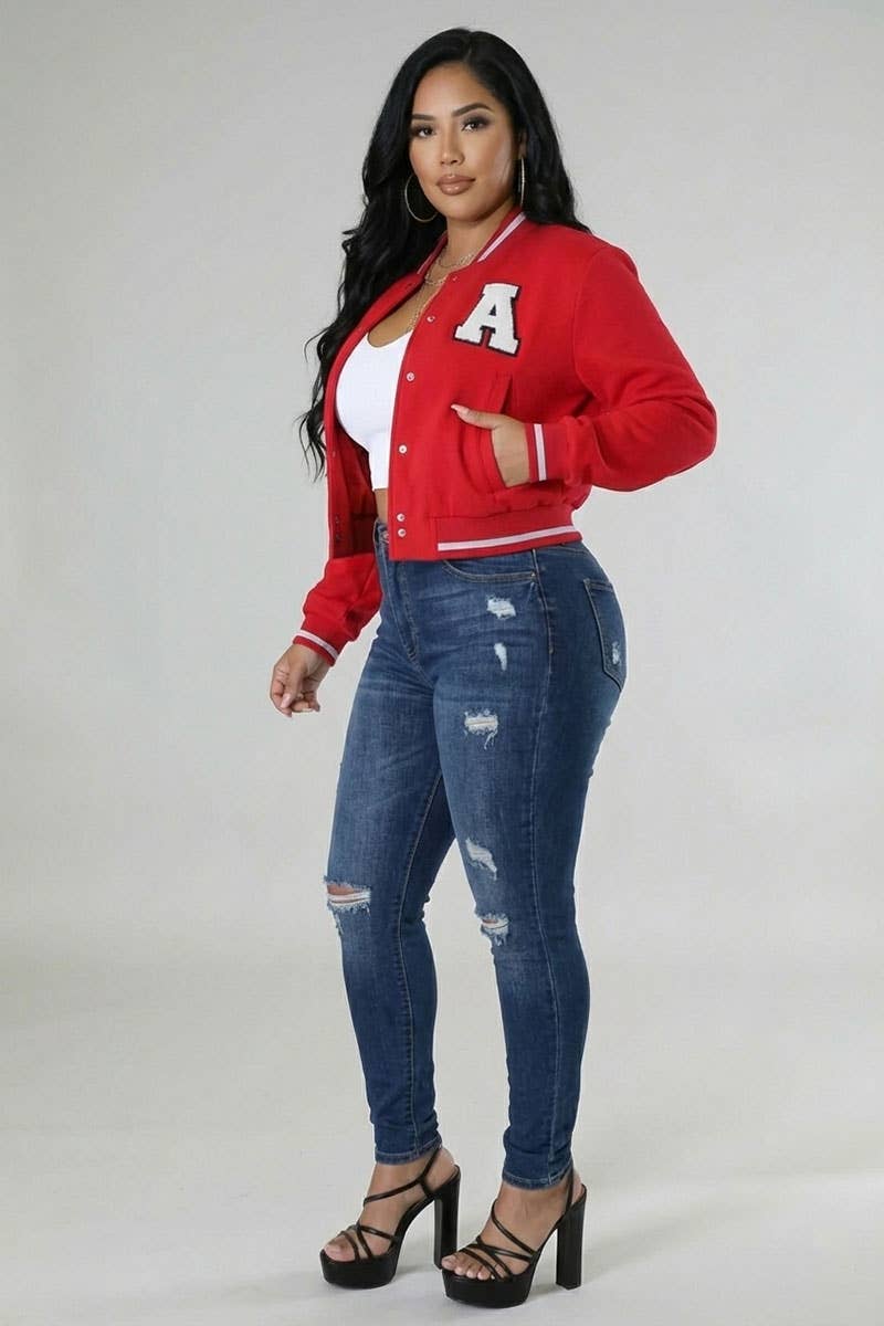 Plus Size EZwear Letter Patched Crop Varsity Jacket: Black / 3X