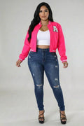 Plus Size EZwear Letter Patched Crop Varsity Jacket: Hot Pink / 1X